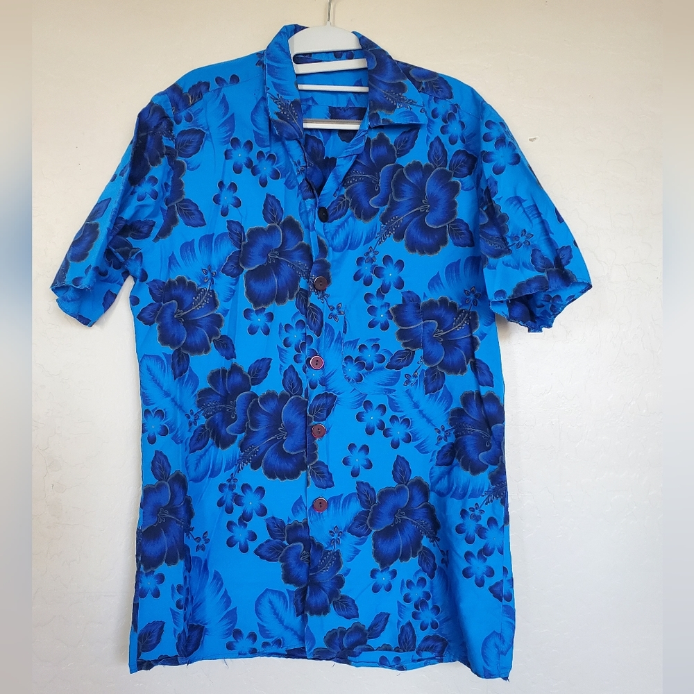 Hawaiian Blue Button Front Short Sleeve Shirt Tropical Flowers Print Size Large